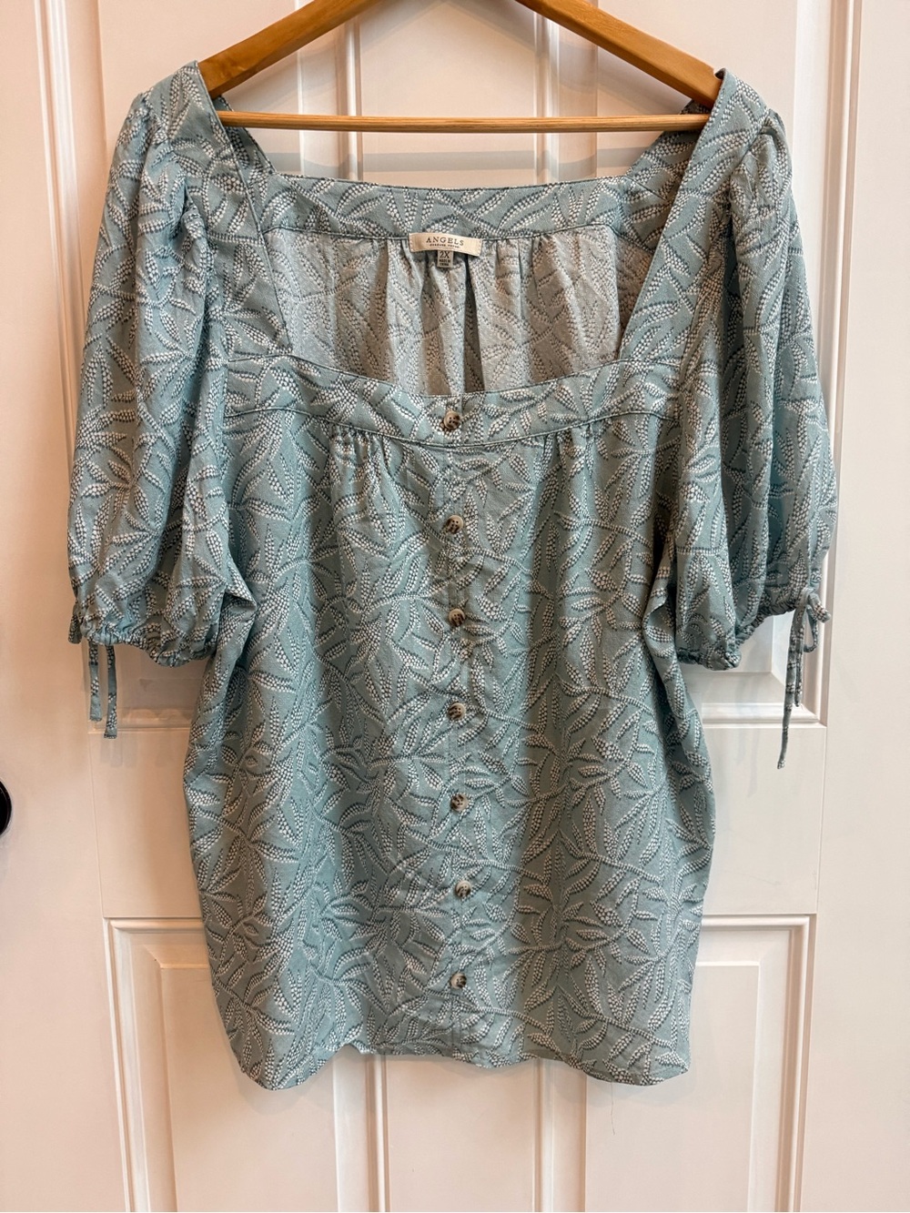Botanical Leaf Print Square Neck Light Blue Button-Front Peasant Blouse